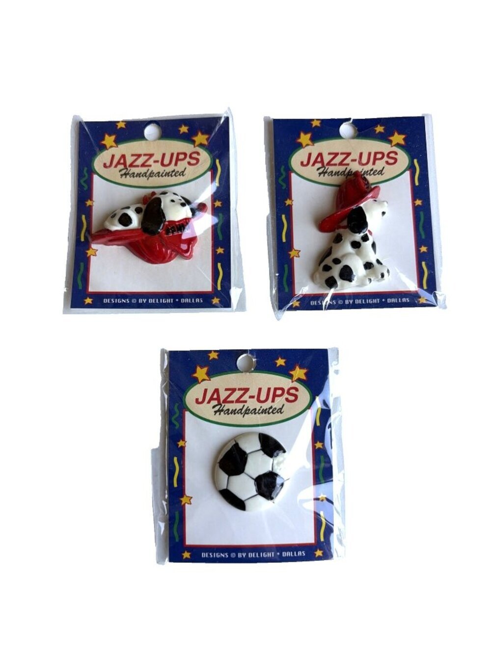 3 Jazz-Ups Hand-painted Embellishment Plastic Dog Dalmation Fireman Soccer NEW